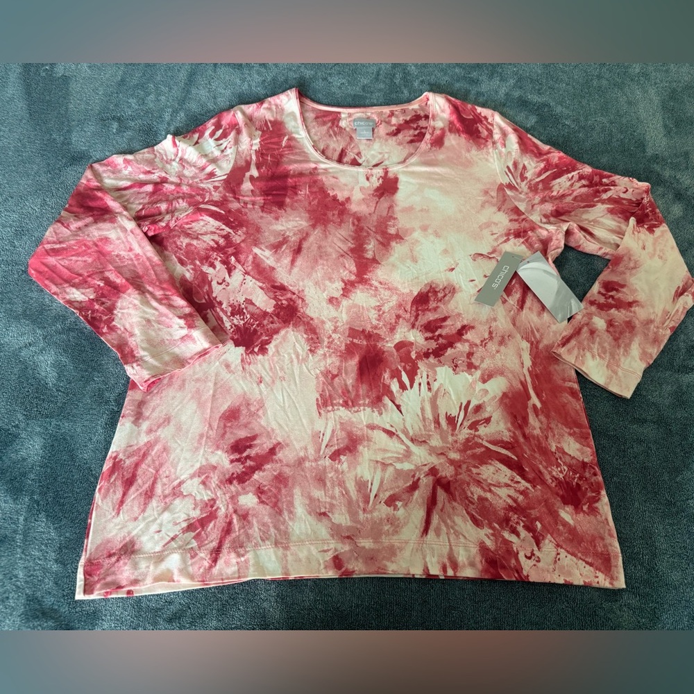 New Chicos Touch of Cool Pink Abstract Scroll Layer Long Sleeve Top XL 3 Soft